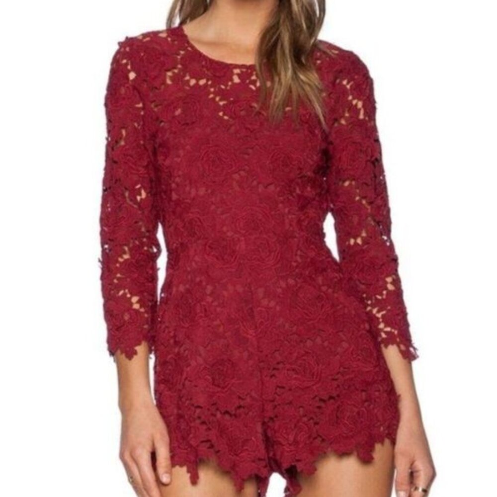 Lovers + Friends Revolve Peony Floral Lace Open Cut Out Back Romper Wine Red XS
